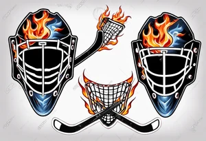 a goalie mask with crossed hockey sticks and flames saying "SHOT HOCKEY" tattoo idea