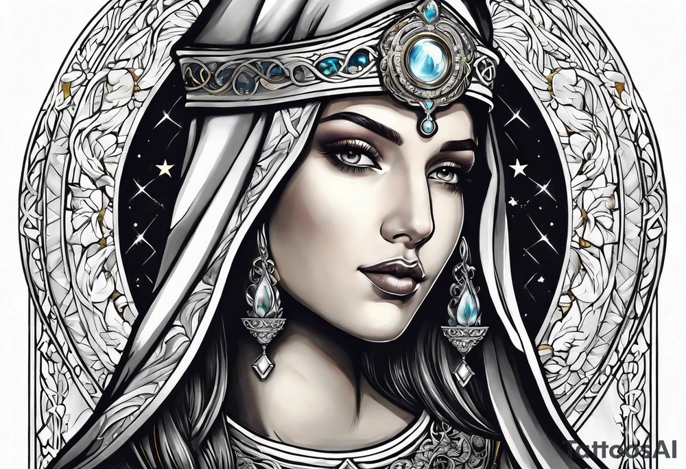 woman saint holding chalice surrounded by golden halo portrait tattoo idea