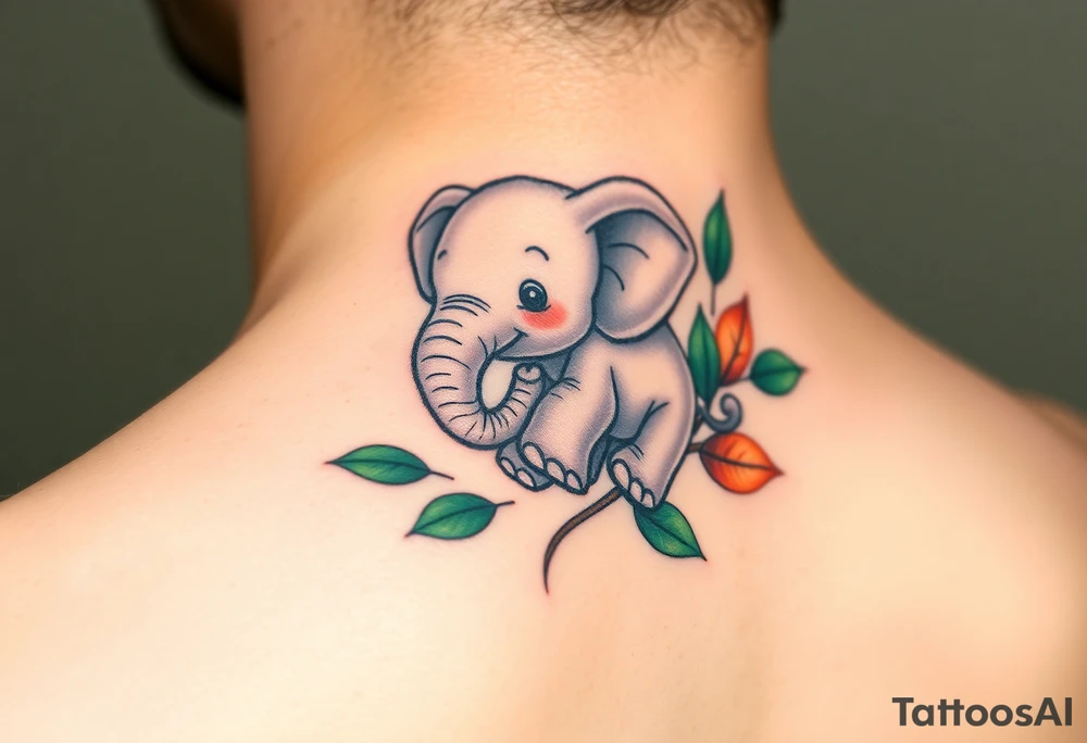 A baby elephant holding its elephant mama trunk, surrounded by soft green leaves and warm earth tones, symbolizing guidance and protection tattoo idea