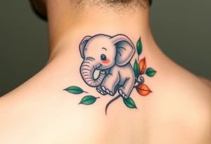 A baby elephant holding its elephant mama trunk, surrounded by soft green leaves and warm earth tones, symbolizing guidance and protection tattoo idea