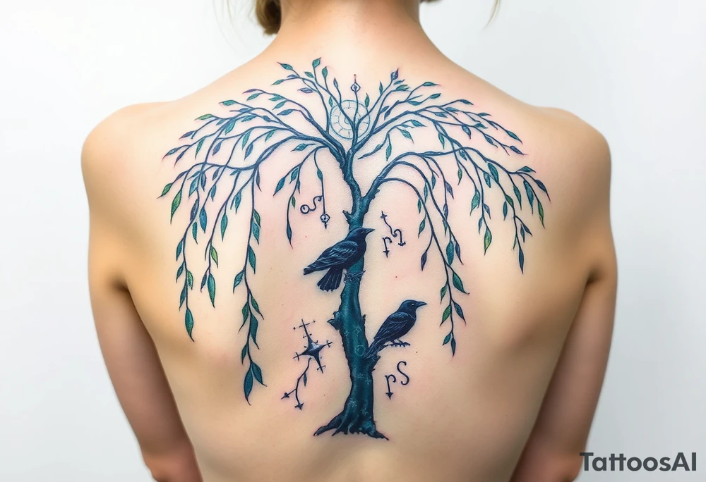 Weeping willow with starry sky background with zodiac constellations in it with runes and ravens tattoo idea