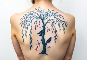 Weeping willow with starry sky background with zodiac constellations in it with runes and ravens tattoo idea