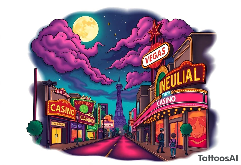 Tim Burton’s vegas casino on the strip from outside view is the street is littered with neon signs  and dripping with muted reds, dusty pinks, and eerie green glow purple and cyan smokey clouds swim through the moonlit night air as the stars twinkle tattoo idea tattoo idea