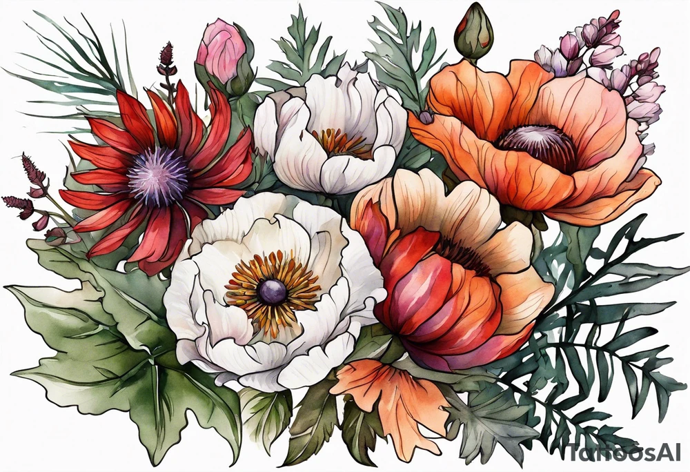wildflowers with thistles, ferns, white flowers, cream flowers, pink flowers, burnt orange flowers, red flowers and all in watercolor tattoo idea