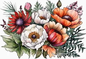 wildflowers with thistles, ferns, white flowers, cream flowers, pink flowers, burnt orange flowers, red flowers and all in watercolor tattoo idea