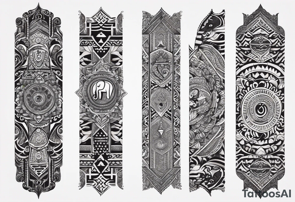 Hindu Sanskrit tribal design on right lower leg, below knee to top of feet for men. No too dark and more thicker lines. Include ancient Hindu animals, like Navagunjara, elephants, naina snake 5 heads. tattoo idea