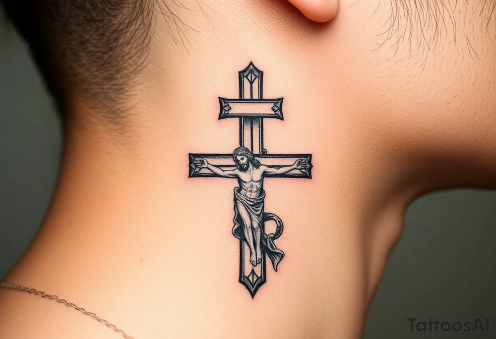 Traditional orthodox ICXC Christian cross with the small horizontal bar at the top with a plaque titulus, the central longest horizontal bar with Jesus Christ on the cross also with the slanted part of the cross where christs feet were nailed in a Russian wilderness Kremlin setting tattoo idea