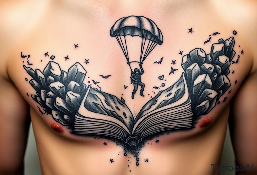 A parachuting soldier landing into an open book. Chaos surrounding, but the book is protecting the soldier from it. On the chest. Make the tattoo smaller. Make it thought provoking. Make the chaos in the environment be an eerie mist. Make the pages in the book be blank. Just one soldier, no other characters. the book is old. tattoo idea