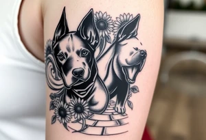 Very thick muscled up pitbull portraits fading into the background as filler incorporate sunflowers, an old road made from pavers tattoo idea