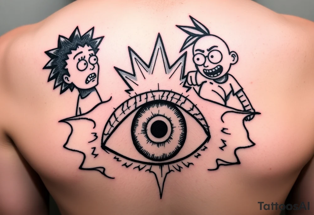 Boondocks Riley Freeman and Huey Freeman on top. in the middle itachi sharingan with one eye having Rick and Morty walking out of it, tattoo idea