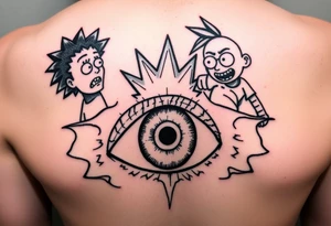 Boondocks Riley Freeman and Huey Freeman on top. in the middle itachi sharingan with one eye having Rick and Morty walking out of it, tattoo idea