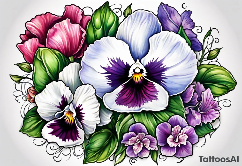 pansies, carnations, orchids, roses, water lillies and foxglove/Lily of the valley. tattoo idea