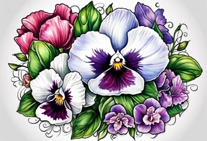 pansies, carnations, orchids, roses, water lillies and foxglove/Lily of the valley. tattoo idea