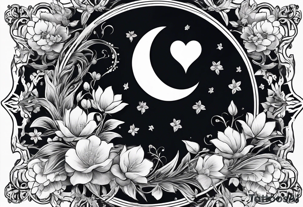 Crescent moon with a heart inside, shrouded by beautiful flowers with wisps of mist tattoo idea