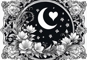 Crescent moon with a heart inside, shrouded by beautiful flowers with wisps of mist tattoo idea