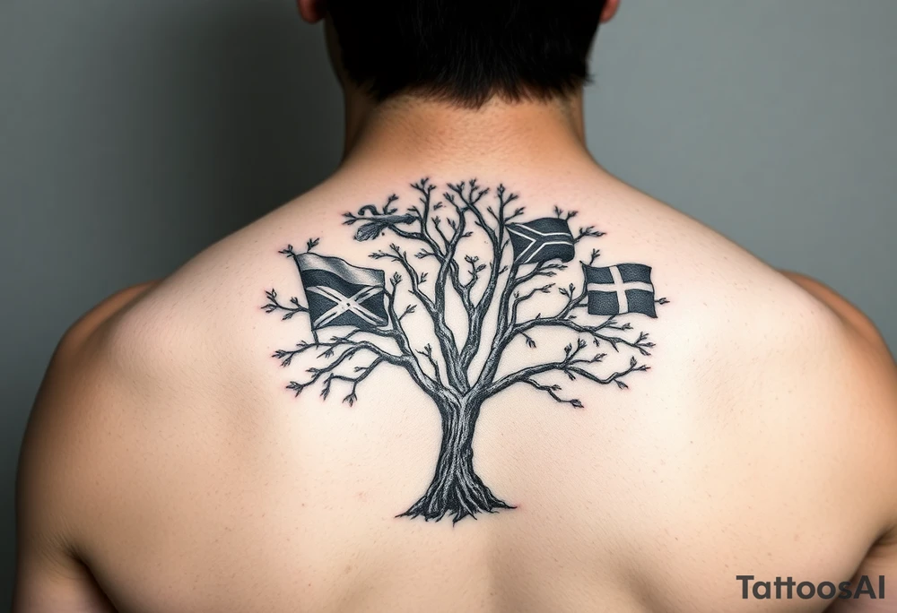Tree with leaves that are country flags from Prussia,  Ireland, wales, scotland, England, and catawba tribe tattoo idea