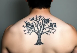Tree with leaves that are country flags from Prussia,  Ireland, wales, scotland, England, and catawba tribe tattoo idea