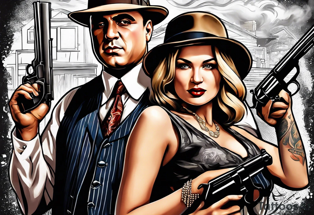 gangsters bonnie & clyde with Al Capone and machine gunns with smoke and fire tattoo idea