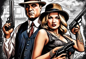 gangsters bonnie & clyde with Al Capone and machine gunns with smoke and fire tattoo idea