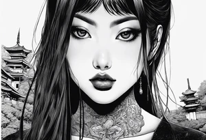 portrait of tomie a character by the author junji ito full body standing menacingly.  a mole below her left eye tattoo idea