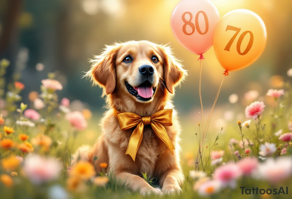 Imagine a golden retriever sitting in the middle of a blooming meadow, surrounded by soft sunlight and pastel-colored flowers. The dog has a large golden ribbon tied around its neck and cheerful balloons floating beside it, with the numbers "80" and "70" clearly displayed. Its expression is joyful and full of warmth. Above the scene, in elegant handwriting, a message reads:
“The entire Albi team warmly congratulates you on your life’s milestone!”
The overall style is soft, watercolor-inspired, perfect for a heartfelt greeting card filled with gentleness and gratitude. tattoo idea