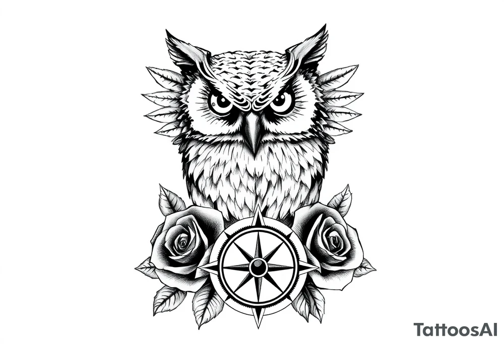 an owl,compass,roses, tattoo idea