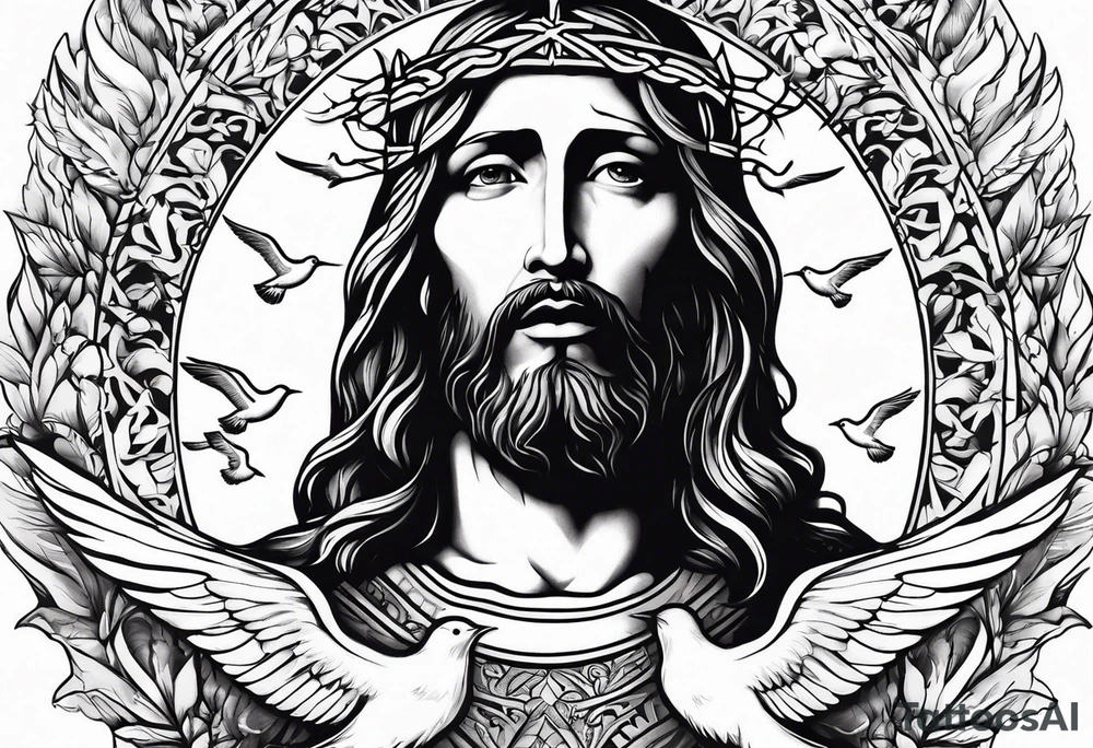 Jesus christ face with white birds tattoo idea