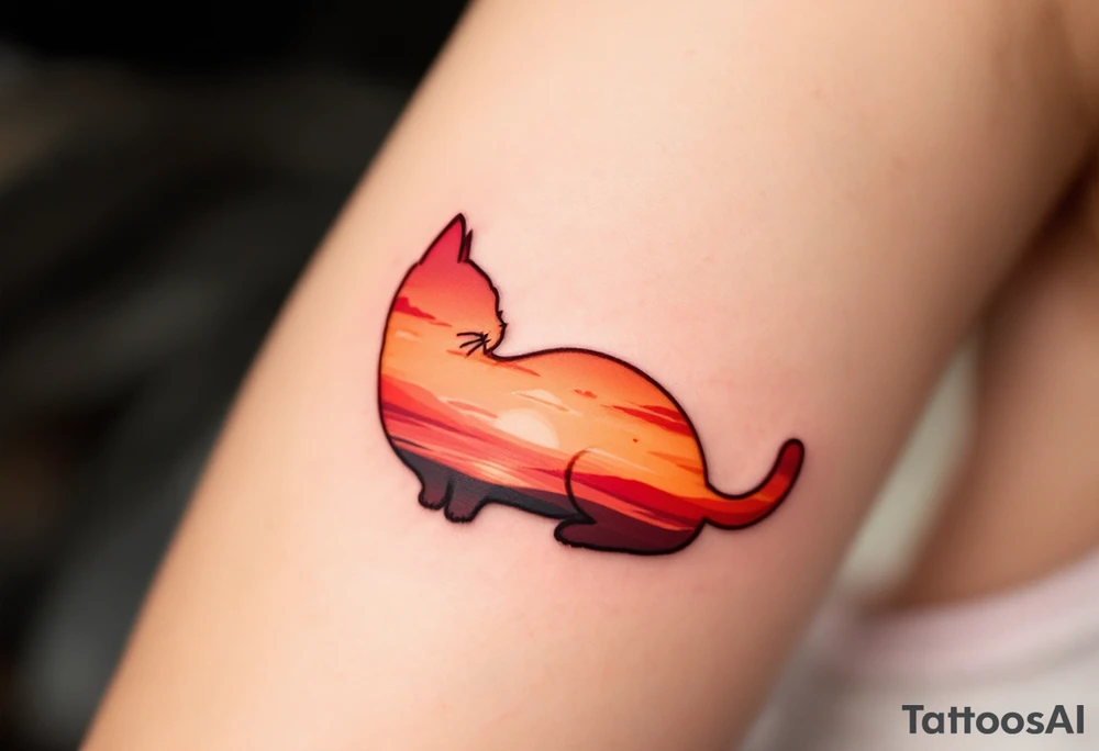 Sunset Cat Silhouette – A lounging cat shape filled with a smooth gradient of orange, coral, and dusky pink like a sunset sky. tattoo idea