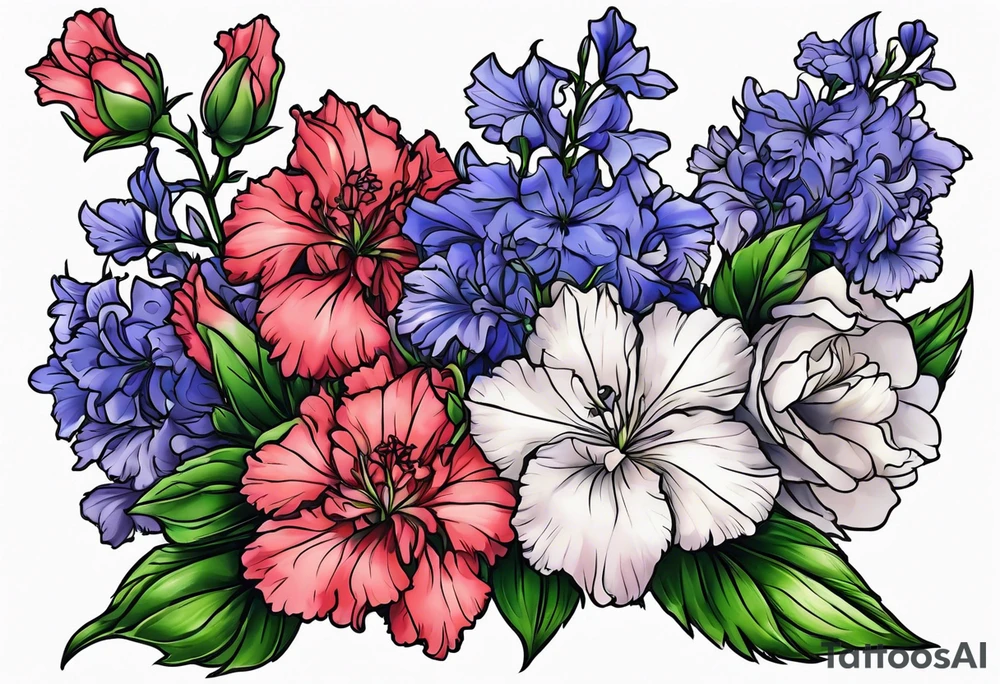 Larkspur flowers and carnation flowers in all color tattoo idea