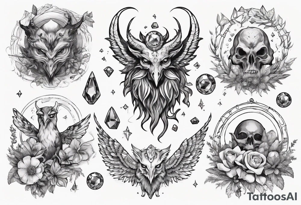 The demon Stolas surrounded by gems, astronomy and herbs tattoo idea