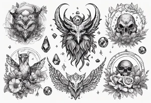 The demon Stolas surrounded by gems, astronomy and herbs tattoo idea