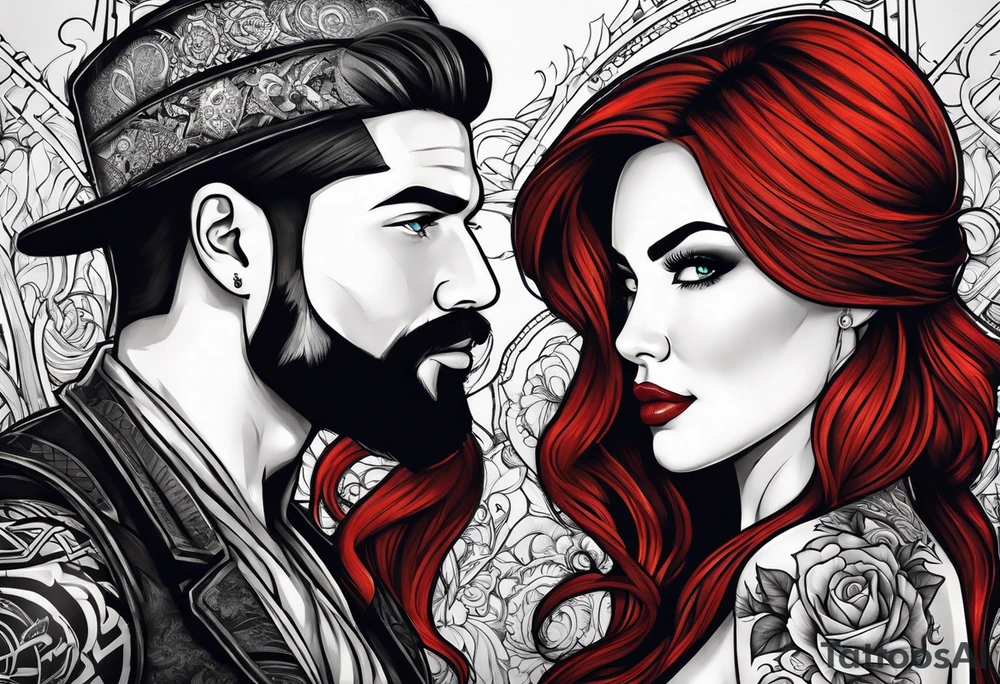 Busty Red haired woman with black haired bearded man tattoo idea