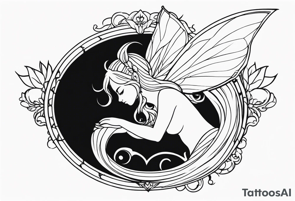 A fairy with a tail inspired by the logo of the show called Fairy Tail in a fetal position tattoo idea