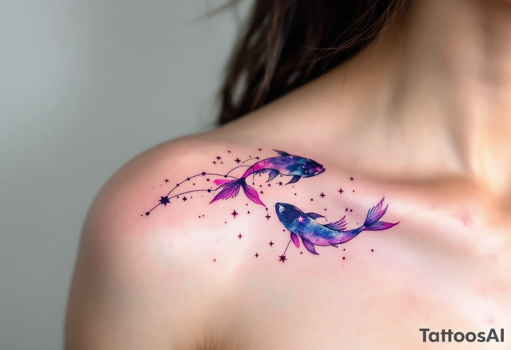 The star constellation of Pisces stretches across the shoulder in radiant pink and violet, symbolizing romantic intuition. tattoo idea