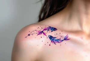 The star constellation of Pisces stretches across the shoulder in radiant pink and violet, symbolizing romantic intuition. tattoo idea