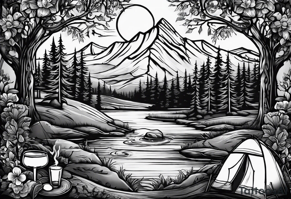cross, campfire, golf , whiskey glass, cabin tattoo idea
