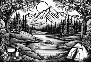 cross, campfire, golf , whiskey glass, cabin tattoo idea