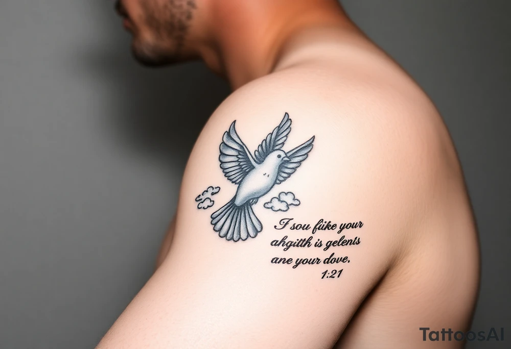 sun rays starting on shoulder going a bit onto chest and down arm with some clouds, mourning dove, bible verse 1 John 4:21 written on the bicep tattoo idea