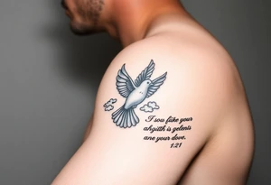 sun rays starting on shoulder going a bit onto chest and down arm with some clouds, mourning dove, bible verse 1 John 4:21 written on the bicep tattoo idea