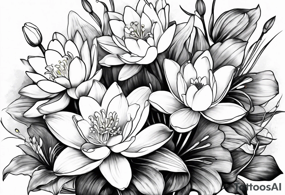 Water Lilly, Lilly of the valley and narcissus bouquet tattoo idea