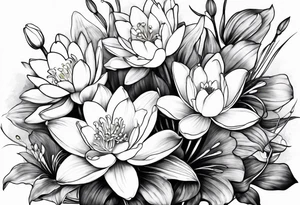 Water Lilly, Lilly of the valley and narcissus bouquet tattoo idea