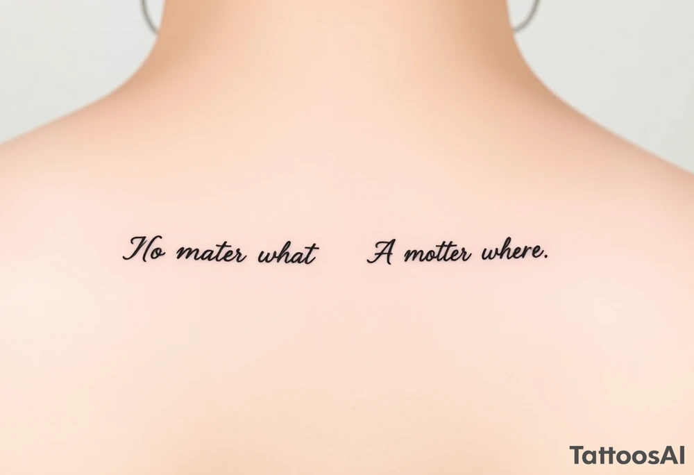 A delicate cursive tattoo with the quote ‘No matter what’ (for one person) and ‘No matter where’ (for the other), placed along the collarbone. At the end of each quote, incorporate a soft, feminine flower design — such as a small lotus, daisy, or wildflower — that flows naturally from the end of the text, as if the flower is part of the lettering or subtly blooming from the last word.
Design should feel light, elegant, and symbolic of connection and unconditional love between mother and daughter. Style should be fine line or single-needle, black ink only, minimalistic and graceful. tattoo idea