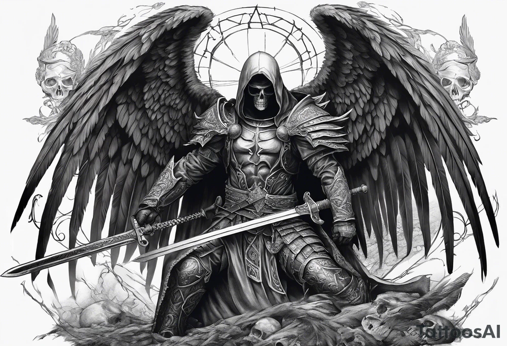 realistic angel of death, man, full body, no face visible, holding one sword in both hands, two hands on the sword, sword pointing downwards, skulls lying on the ground tattoo idea