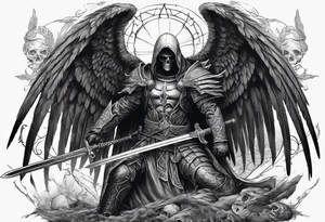 realistic angel of death, man, full body, no face visible, holding one sword in both hands, two hands on the sword, sword pointing downwards, skulls lying on the ground tattoo idea