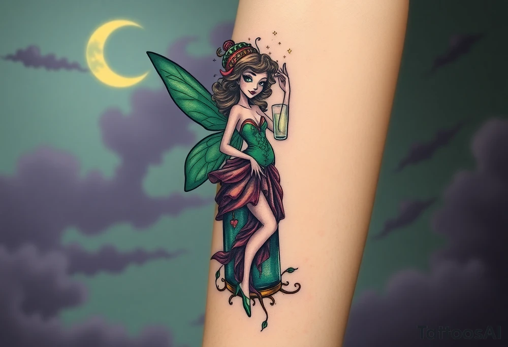 Tim Burton’s kelly doty pin up style Vintage Parisian elegant and hauntingly beautiful yet eerie full body absinthe Green Fairy dances outside her victorian crystal decatur she was once inside this elaborate ornate bottle absinthe bottle Absinthe Art Nouveau   and dripping with muted reds, dusty pinks, and eerie green glow.purple and cyan smokey clouds swirl in the crescent moonlit sky thats sprinkled with stars tattoo idea