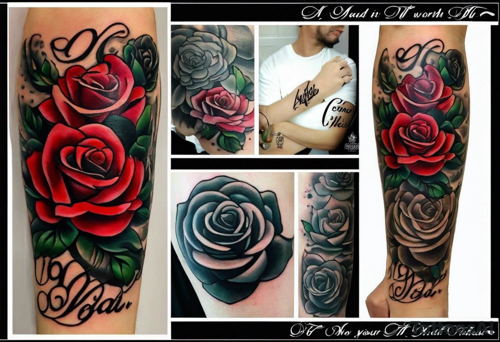 Cross that in the middle of it says “know your worth as well” and under it I would like my dads birthday the 30th of August 1966 and under that a rose and i would like it on my forearm and it must not be too big and there must be no color tattoo idea