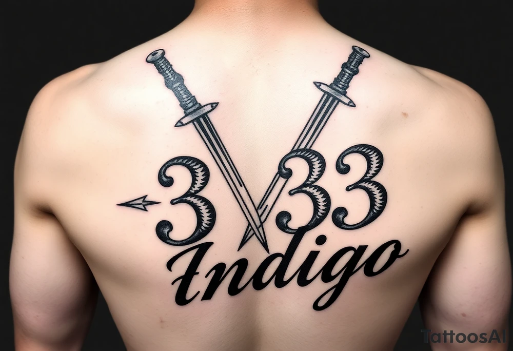 The number 333 stabbed through the name indigo tattoo idea