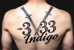 The number 333 stabbed through the name indigo tattoo idea