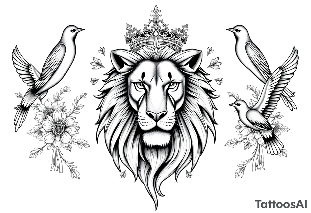 powerful majestic lion with a crown, surrounded by floral ornaments and birds tattoo idea