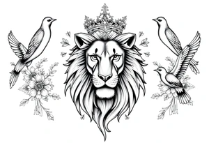 powerful majestic lion with a crown, surrounded by floral ornaments and birds tattoo idea